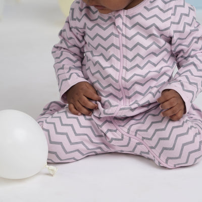 New Born Baby Zippered Grow Suit - Footed Romper - Sleep Suit - 100% Organic Cotton - Zig Zag Pink