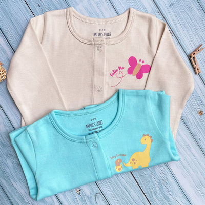 New Born Baby Full Sleeve  Top Set Of 2 - 100% Organic Cotton - Dino & Butterfly