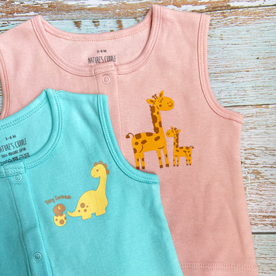 New Born Baby Sleeveless Top Set Of 2 - 100% Organic Cotton - Dino & Giraffe