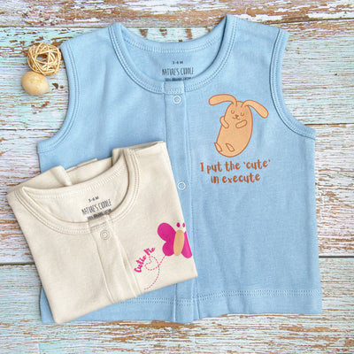 New Born Baby Sleeveless  Top Set Of 2 - 100% Organic Cotton - Butterfly & Rabbit