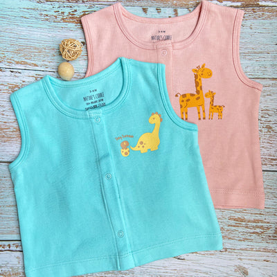 New Born Baby Sleeveless Top Set Of 2 - 100% Organic Cotton - Dino & Giraffe
