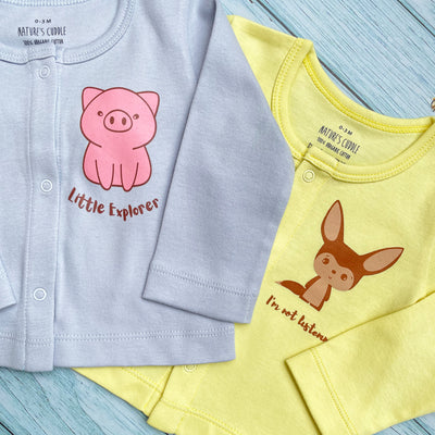 New Born Baby Full Sleeve Top Set Of 2 - 100% Organic Cotton - Fox & Pig