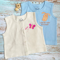 New Born Baby Sleeveless  Top Set Of 2 - 100% Organic Cotton - Butterfly & Rabbit
